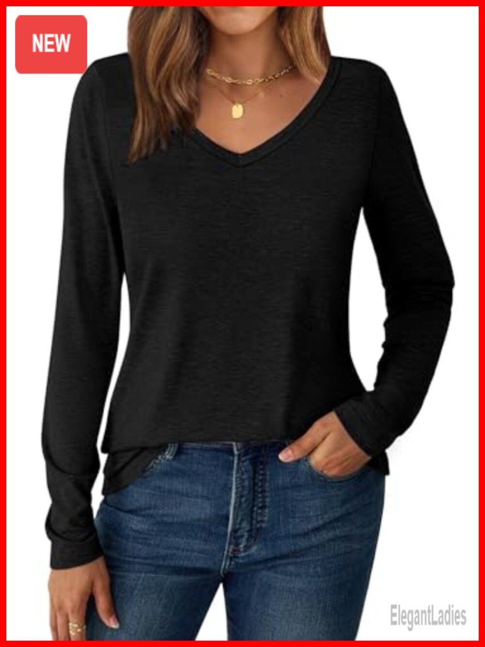 V Neck Long Sleeve T Shirt Soft Stretch Slim Fit Tee Layering Top